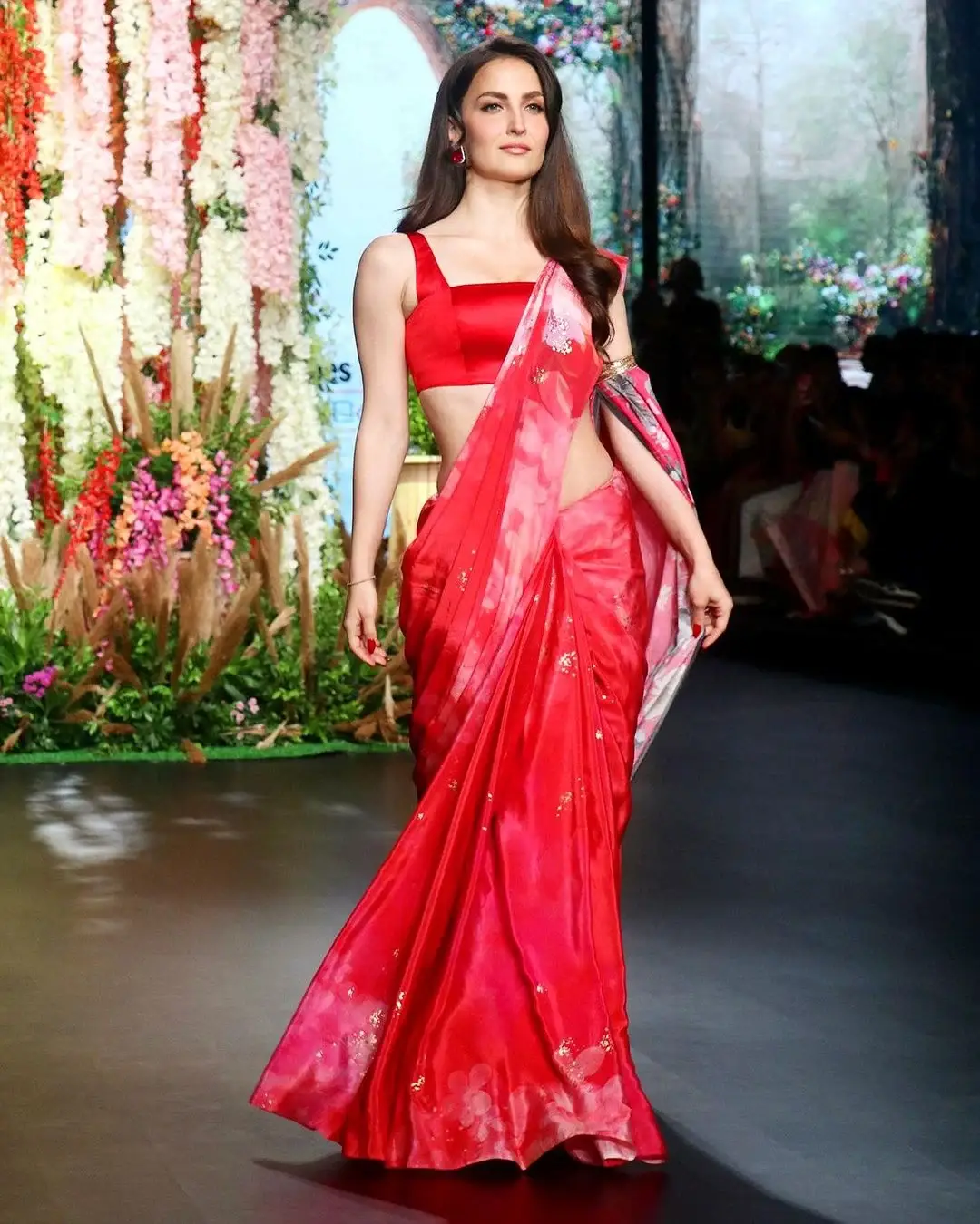 Indian Actress Evelyn Sharma in Red Saree